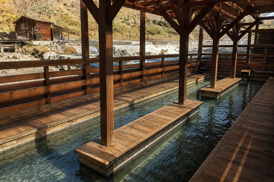 玉川温泉の木造屋根の足湯