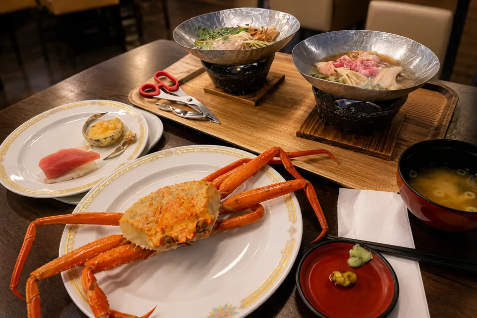 天然温泉 田沢湖レイクリゾートのカニと鍋料理を並べた食事