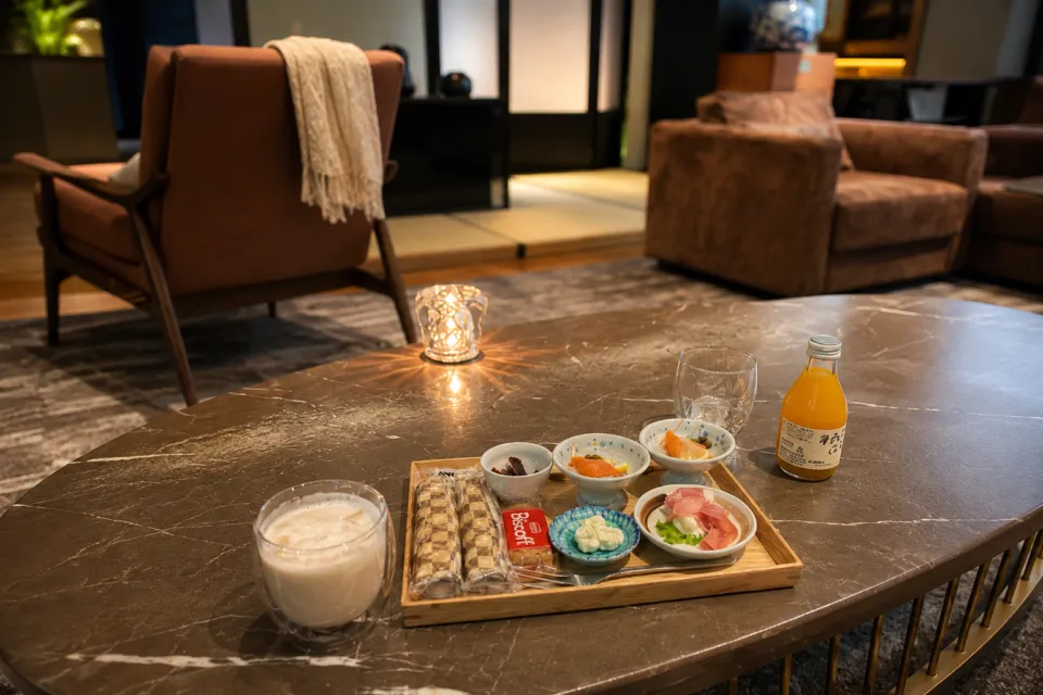 ザ・ホテル青龍 京都清水のラウンジに用意された軽食とドリンク