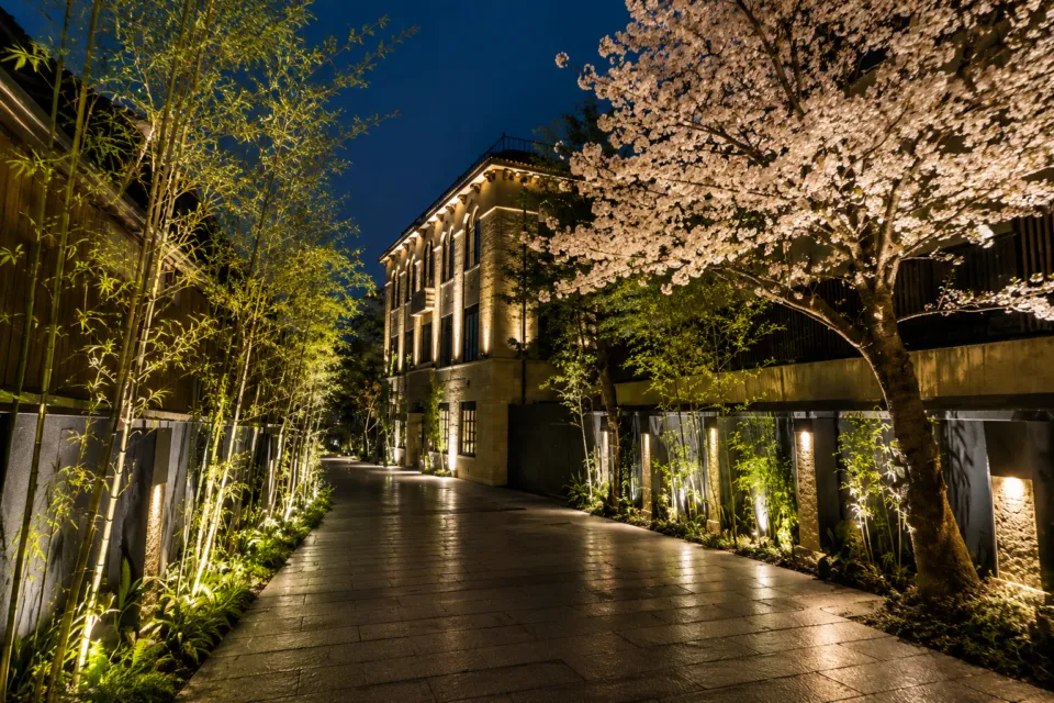 ザ・ホテル青龍 京都清水の桜と竹が照らされた夜の外観
