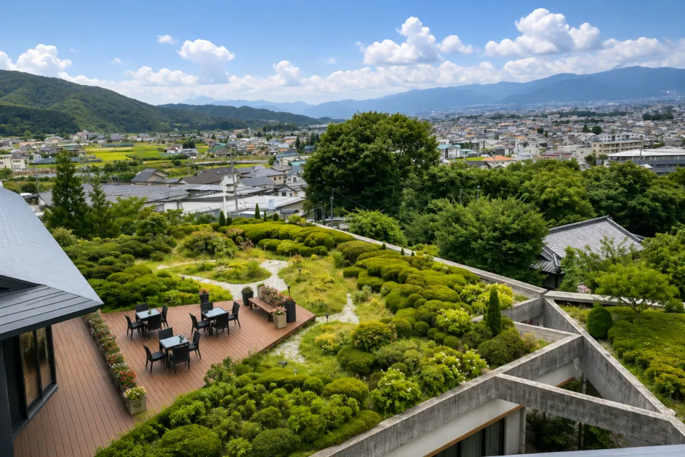 美ヶ原温泉 翔峰の庭園と松本の街並み