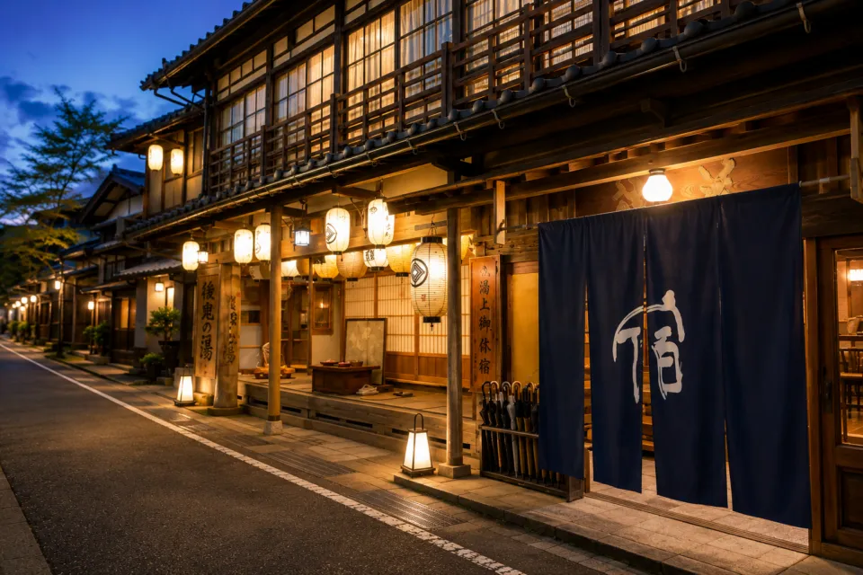 宿 花屋徳兵衛の灯りがともる木造外観