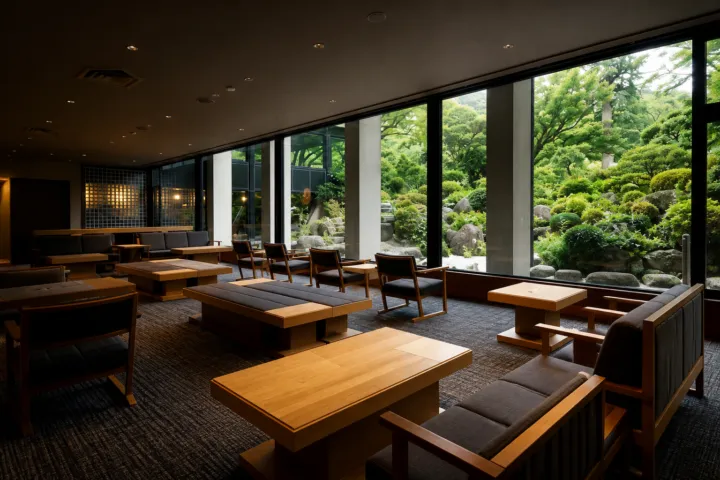 吉池旅館の庭園を望むラウンジ