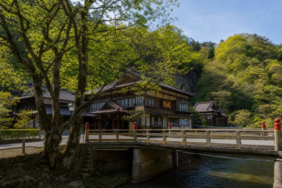 会津東山温泉 向瀧の新緑に包まれた玄関