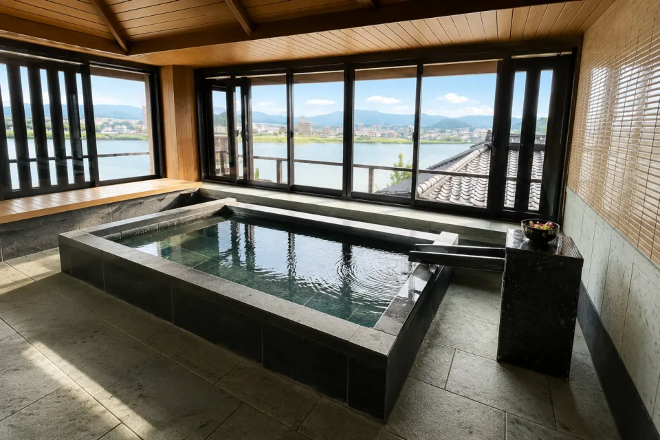 灯屋 迎帆楼の木曽川を望む浴場