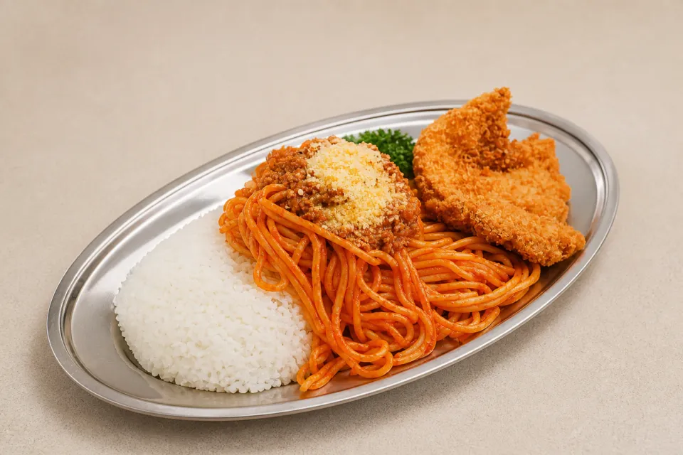 センターグリルのスパゲッティとフライのランチプレート
