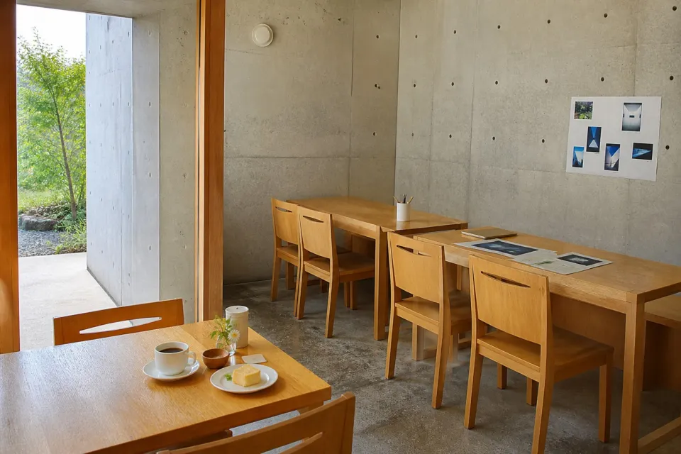 地中カフェのコンクリート壁と木製椅子の着席空間