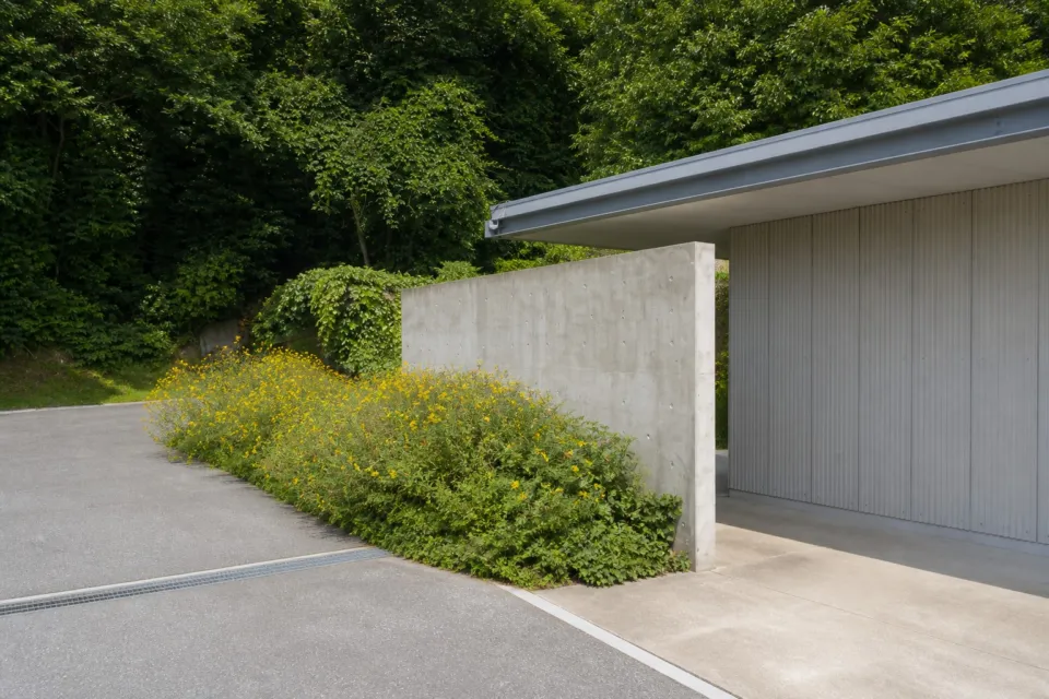 地中カフェの利用前に通る緑に囲まれた美術館入口