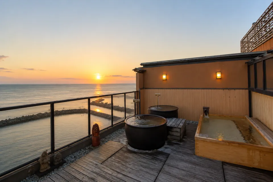 源氏香の夕日を望む露天風呂