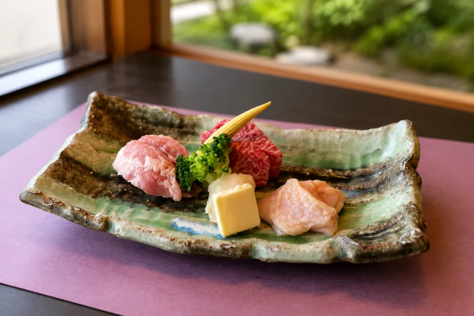 源氏香の和牛と野菜の一皿