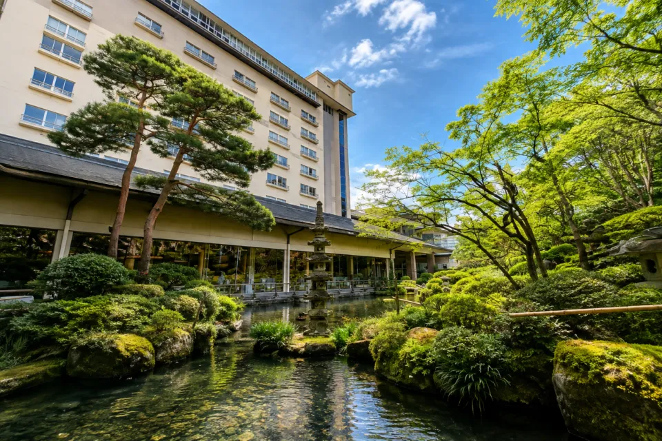 下呂温泉 水明館の日本庭園と建物外観