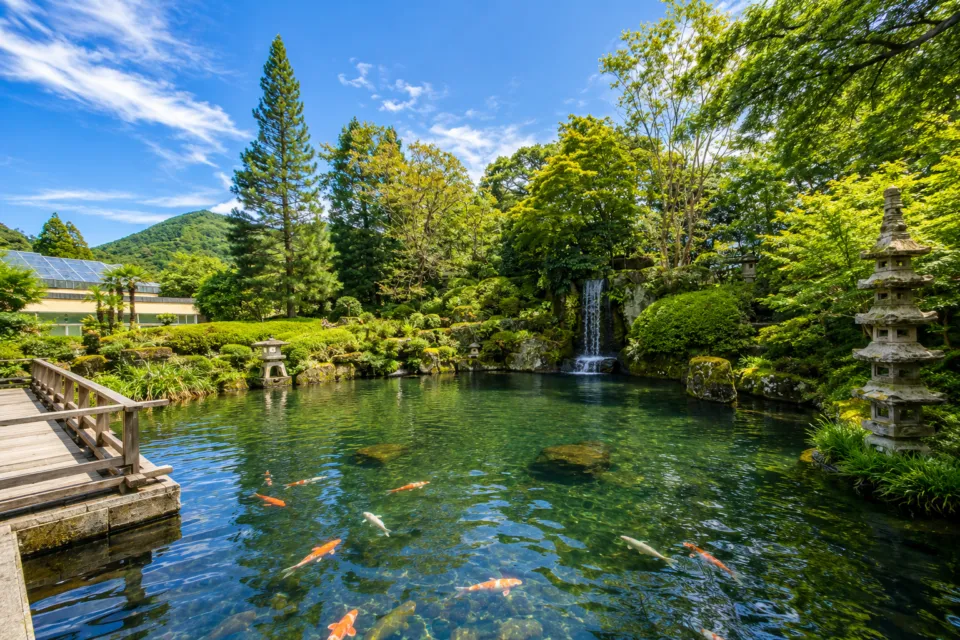 下呂温泉 水明館の鯉が泳ぐ日本庭園の池