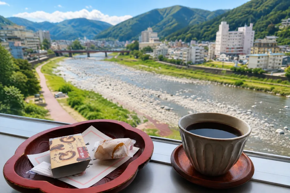 下呂温泉 山形屋の窓辺から望む飛騨川