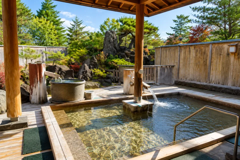 八幡平ハイツの庭園を望む露天風呂
