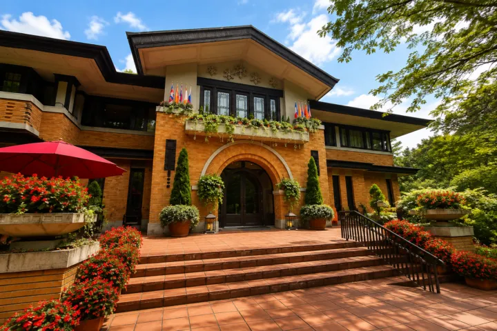 ホテル ラネージュの正面玄関とレンガ造りの外観