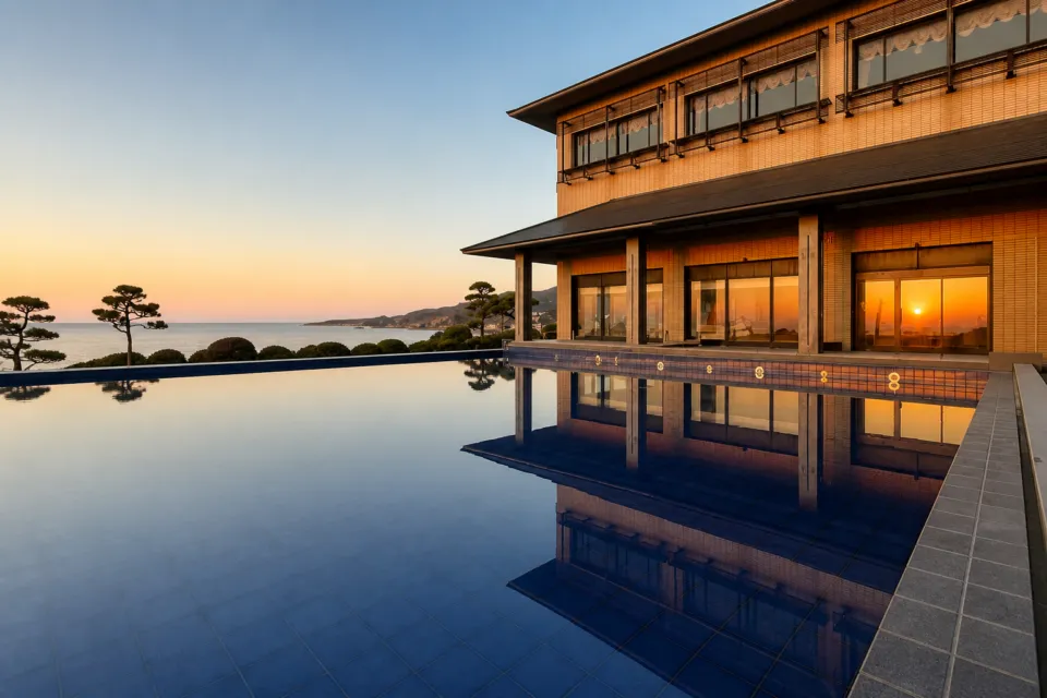 HOTEL OOSADOの夕日を映す水盤とHOTEL OOSADO