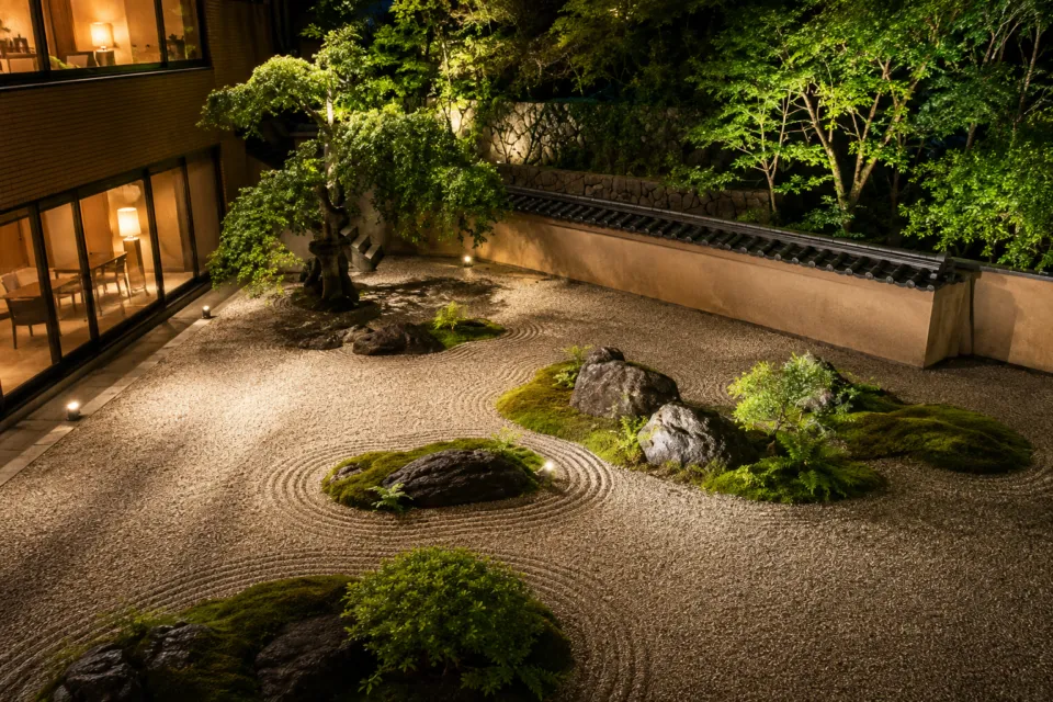 ハイアット リージェンシー 京都のライトアップされた枯山水庭園