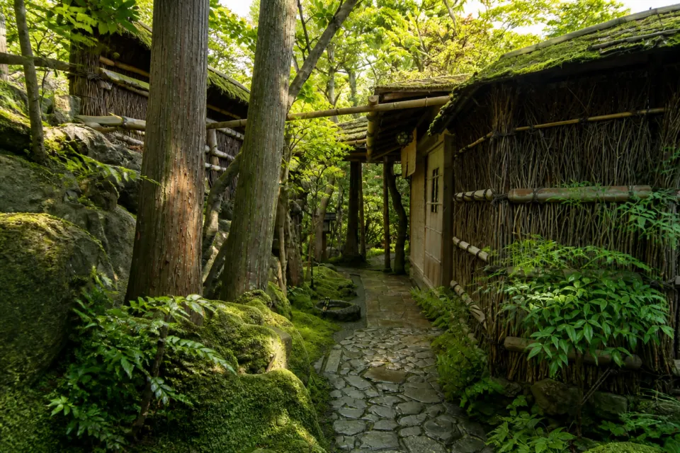 瓢亭 本店の苔と茶室が並ぶ庭路地
