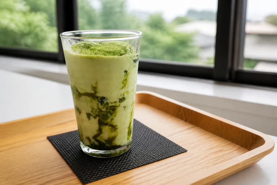 池川茶園の店内の窓辺で木の盆に載せた緑茶ドリンク