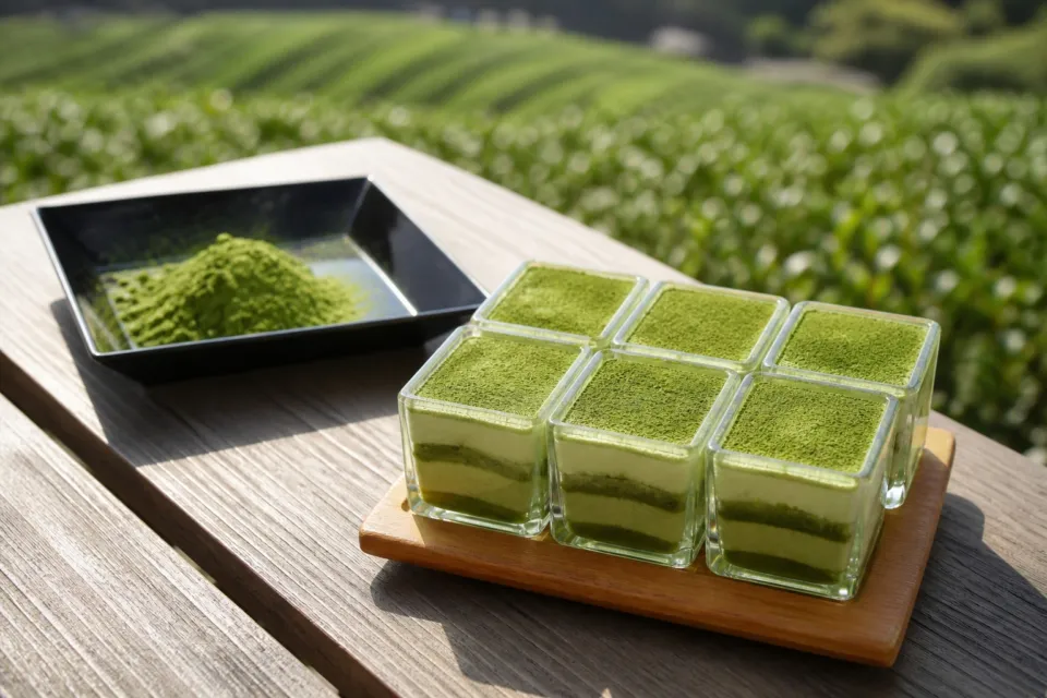 池川茶園の茶畑を望む屋外テーブルに並ぶ六個の茶畑ティラミス
