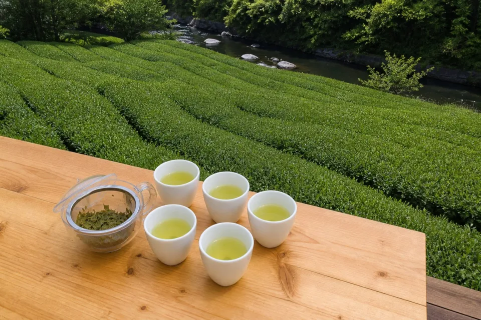 池川茶園の新緑の茶畑を背景に、急須と白い湯のみへ注いだ仁淀川町の茶