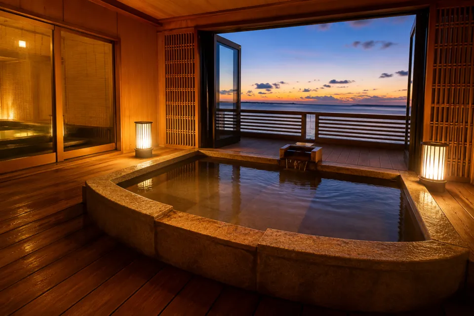 鏡ヶ浦温泉 rokuzaの夕景を望む浴槽