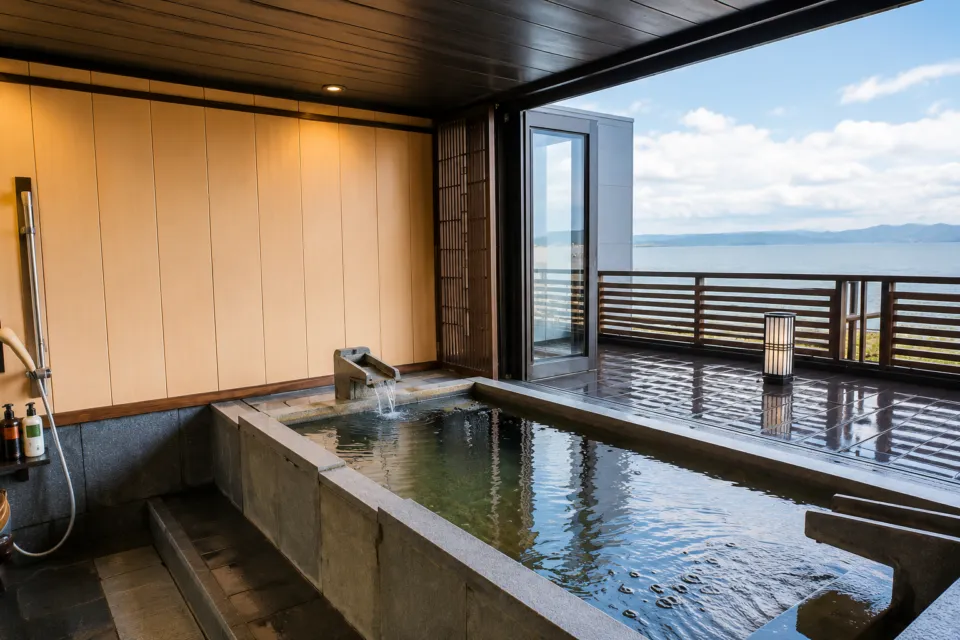 鏡ヶ浦温泉 rokuzaの海を望む浴槽