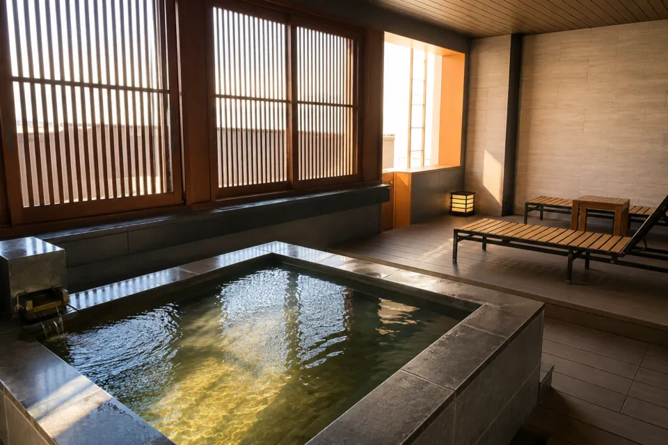 鏡ヶ浦温泉 rokuzaの格子戸のそばの石造り浴槽
