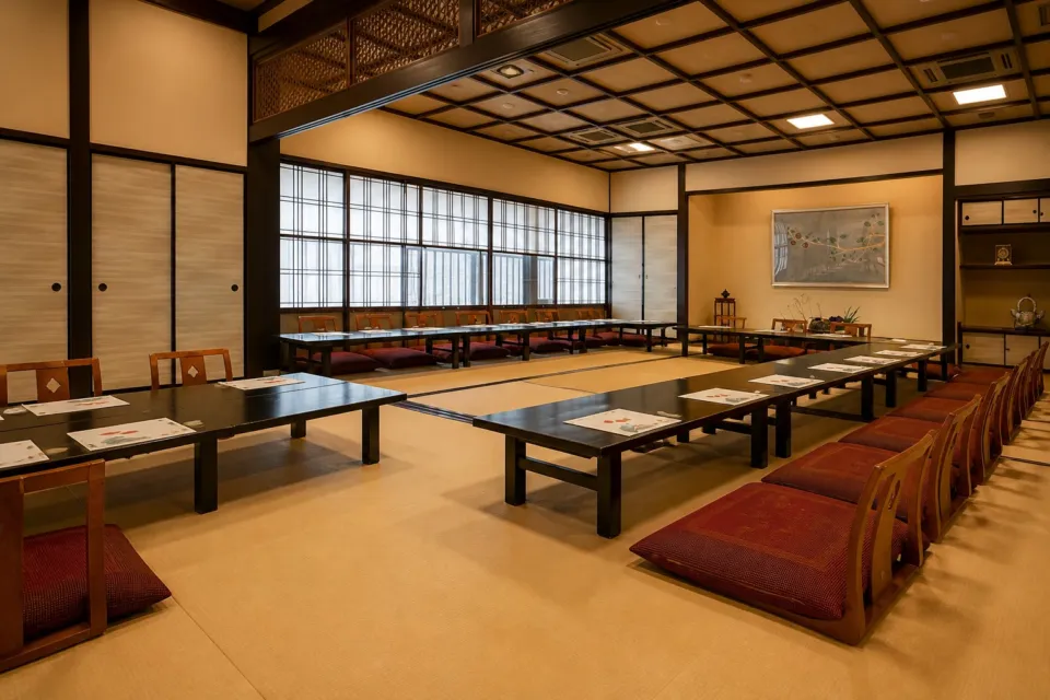 柿安 料亭本店の座卓が並ぶ宴会場