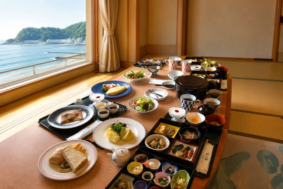 鴨川館の海を望む和室に並ぶ朝食