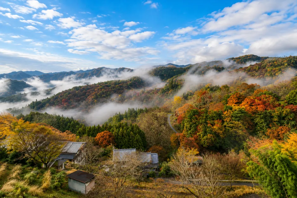 景勝の宿 芳雲館の雲と紅葉に包まれた山並み