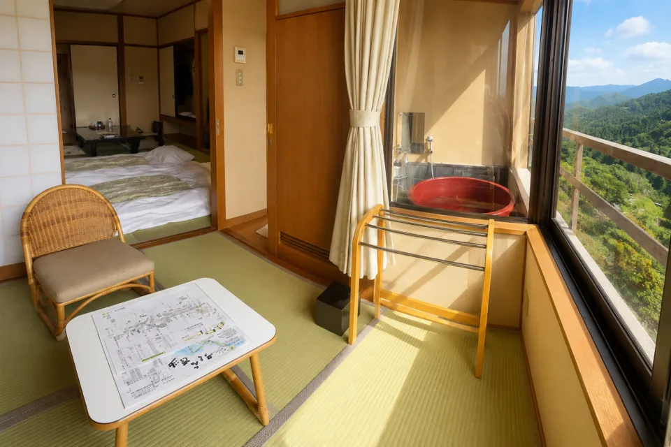 景勝の宿 芳雲館の専用風呂と山の眺望を備えた和室