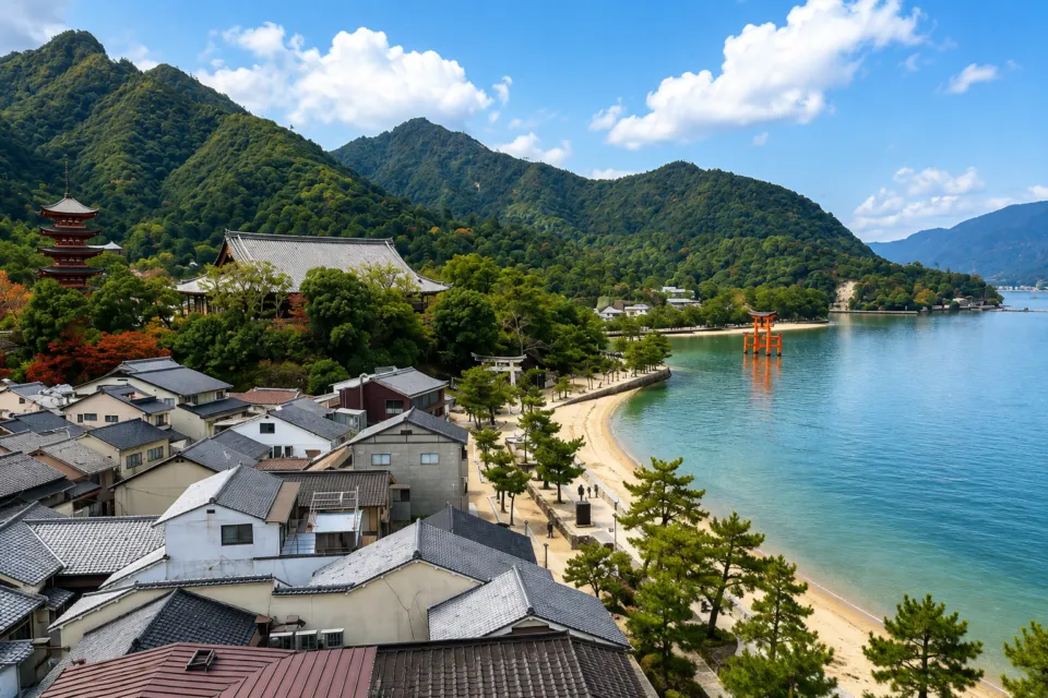 錦水館の大鳥居と五重塔のある宮島の眺望