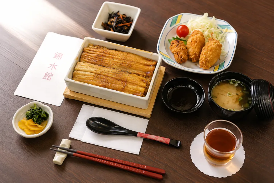 錦水館の穴子飯と牡蠣フライの御膳