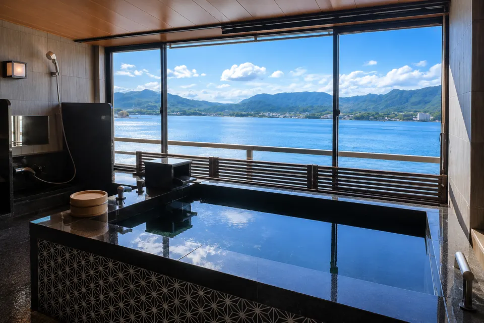 錦水館の海と山を望む浴室