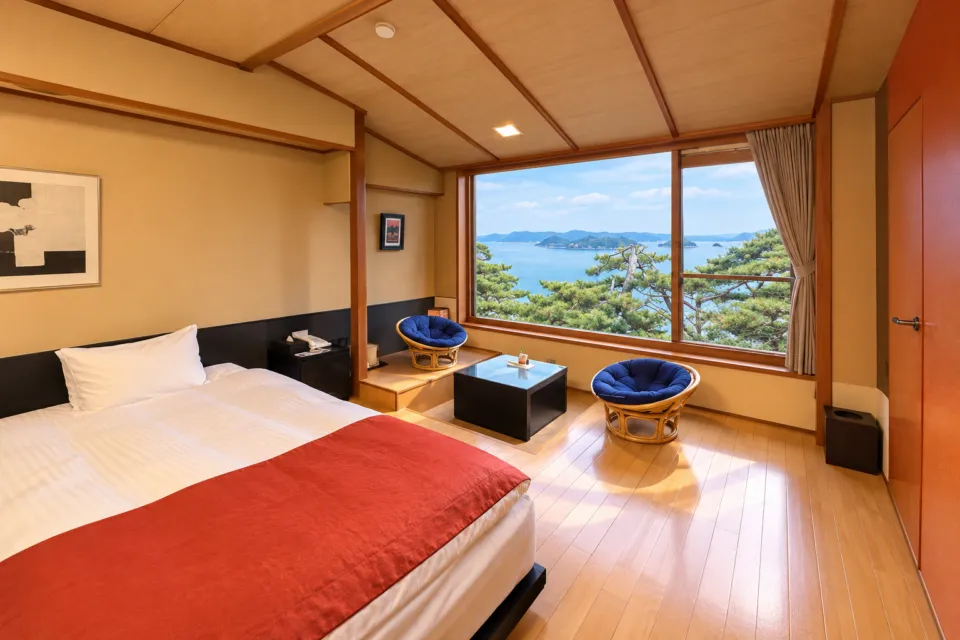 小松館 好風亭の松島湾を望むベッドルーム