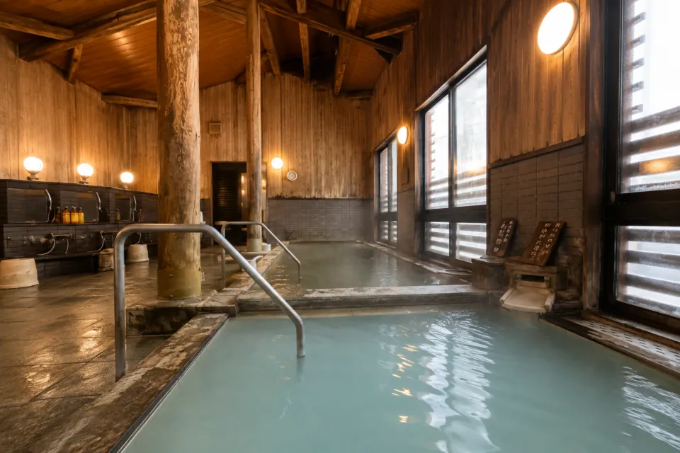 休暇村乳頭温泉郷の木の柱がある内湯
