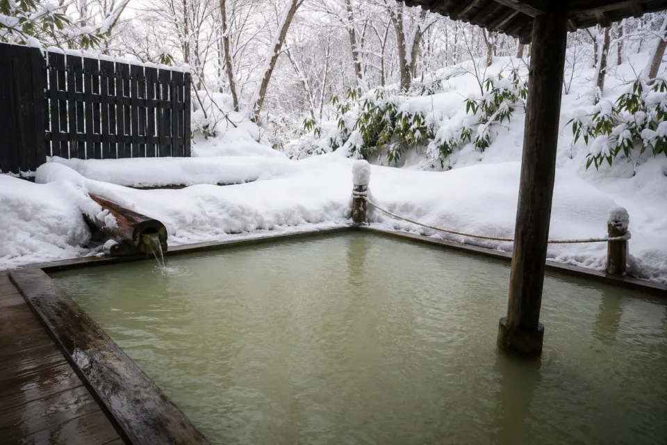 休暇村乳頭温泉郷の雪景色に囲まれた露天風呂
