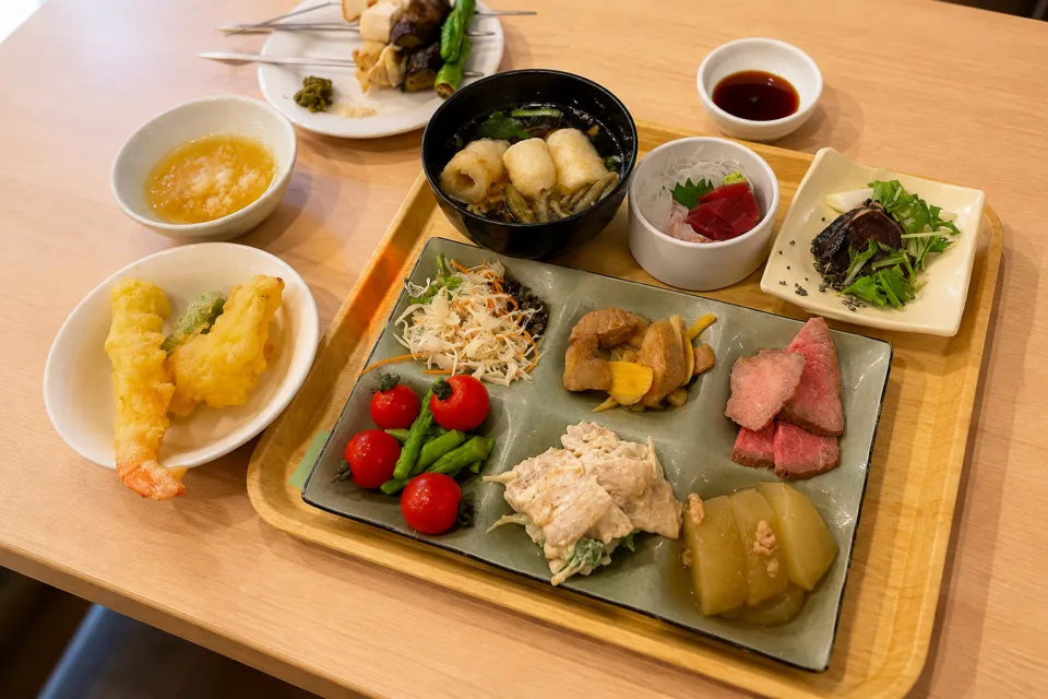 休暇村乳頭温泉郷の料理を盛り付けたビュッフェのトレー