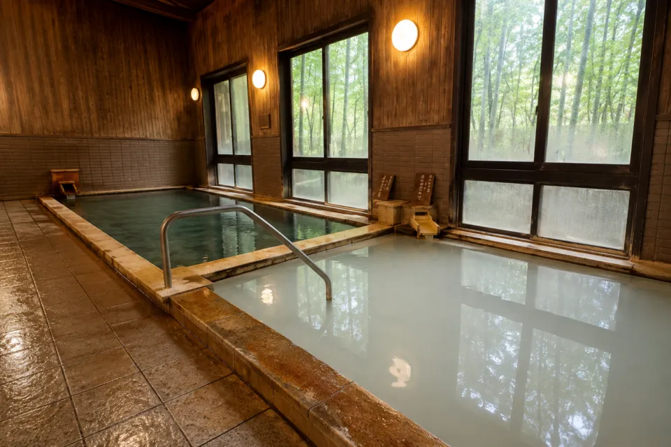 休暇村乳頭温泉郷の窓から緑を望む内湯