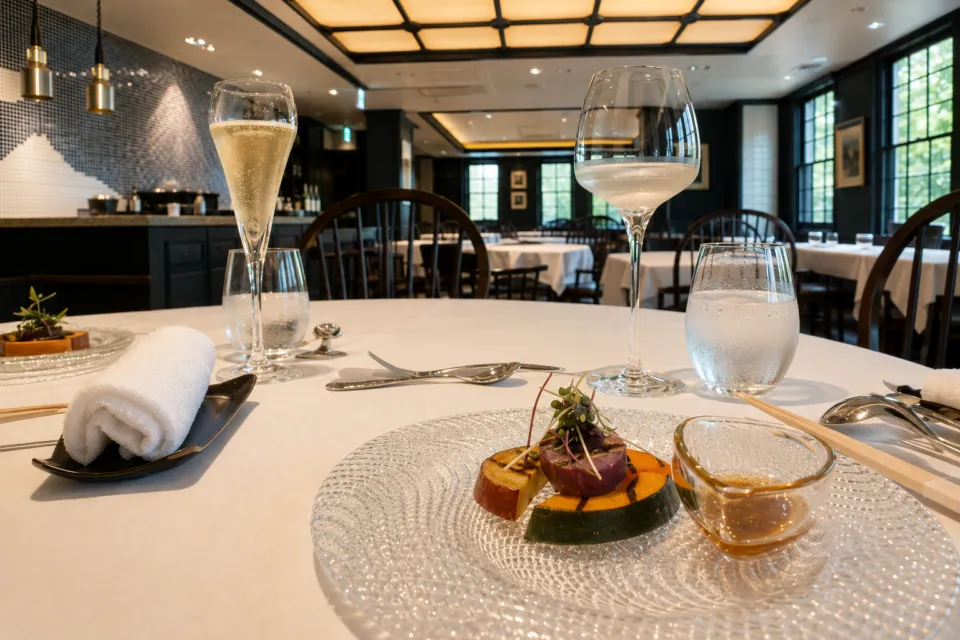 松本ホテル花月のレストランで提供されるコース料理