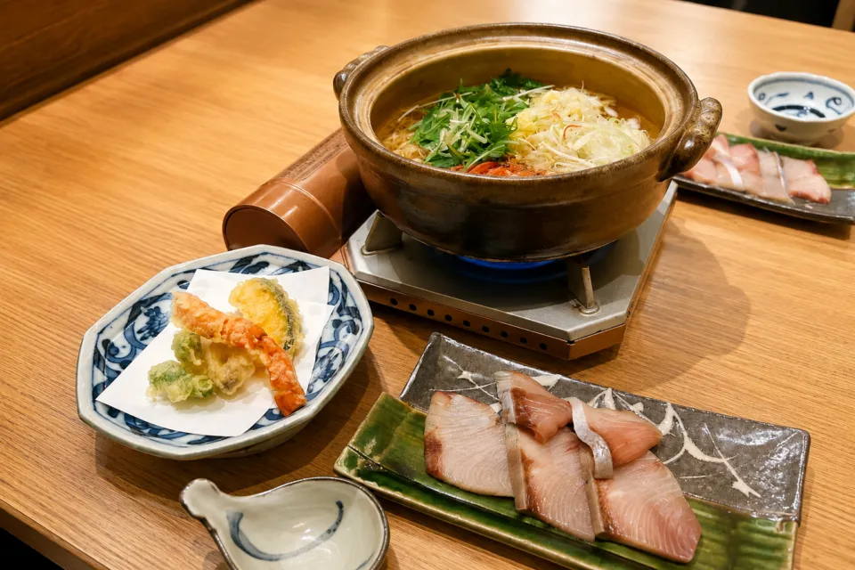 文珠荘の鍋料理と刺身、天ぷらを並べた夕食