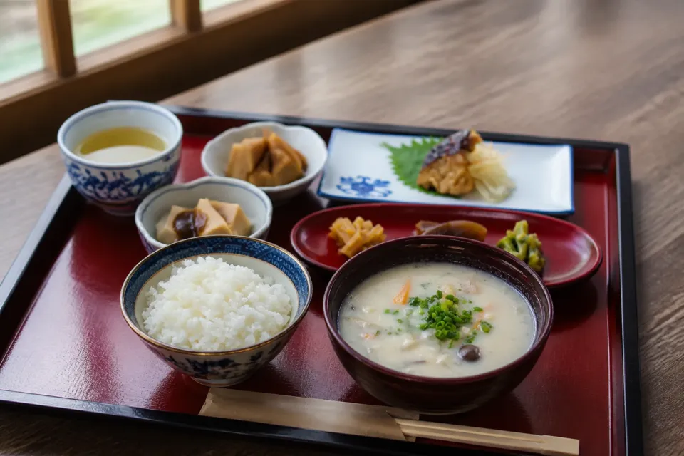 MORIKUNI CAFE&BARの具だくさんの粕汁を添えた酒粕料理膳