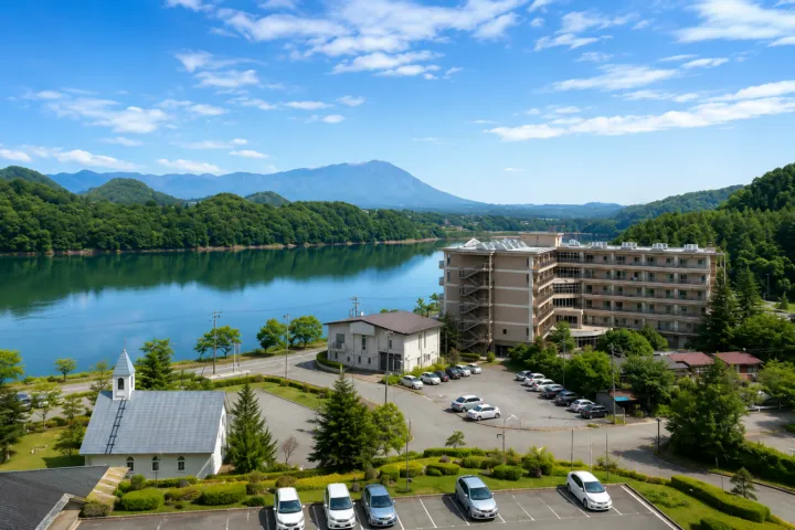 盛岡つなぎ温泉 ホテル紫苑の御所湖を望む建物外観