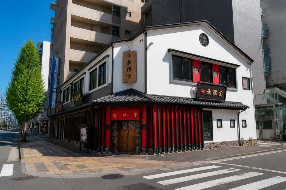 無限堂 秋田駅前店の夜の外観