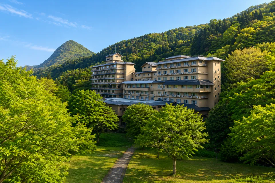 結びの宿 愛隣館の山あいの外観
