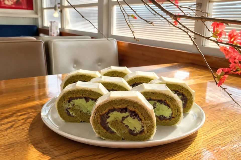 NASU SHOZO CAFEの窓辺で味わう抹茶ロールケーキ