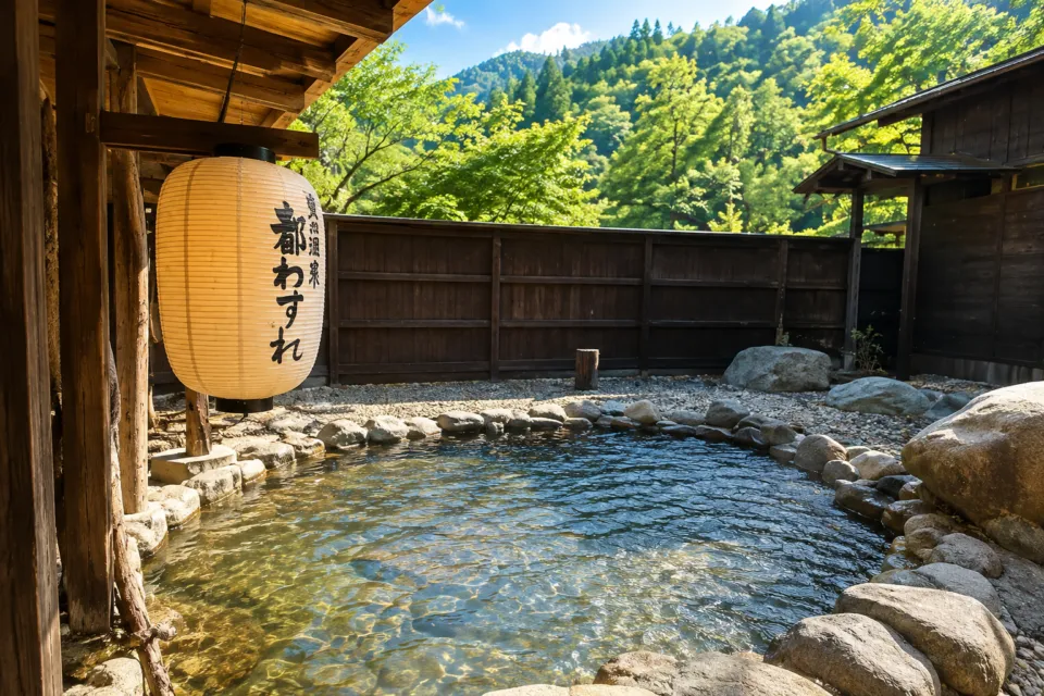 夏瀬温泉 都わすれの山並みを望む石造りの露天風呂