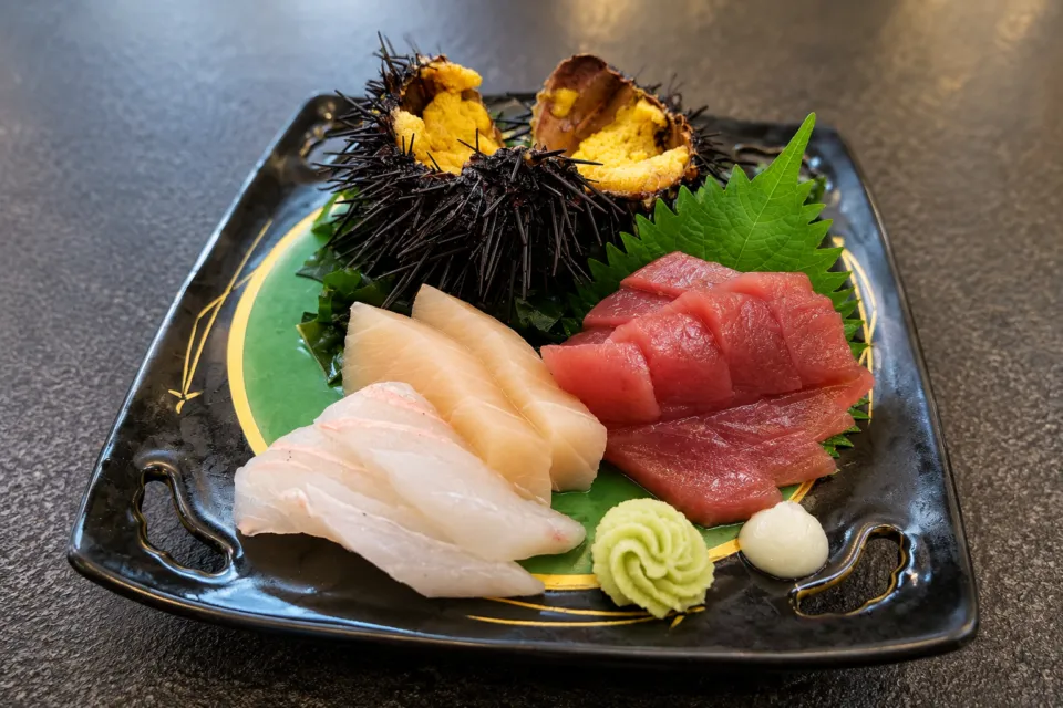 大船渡温泉のうにと刺身の盛り合わせ