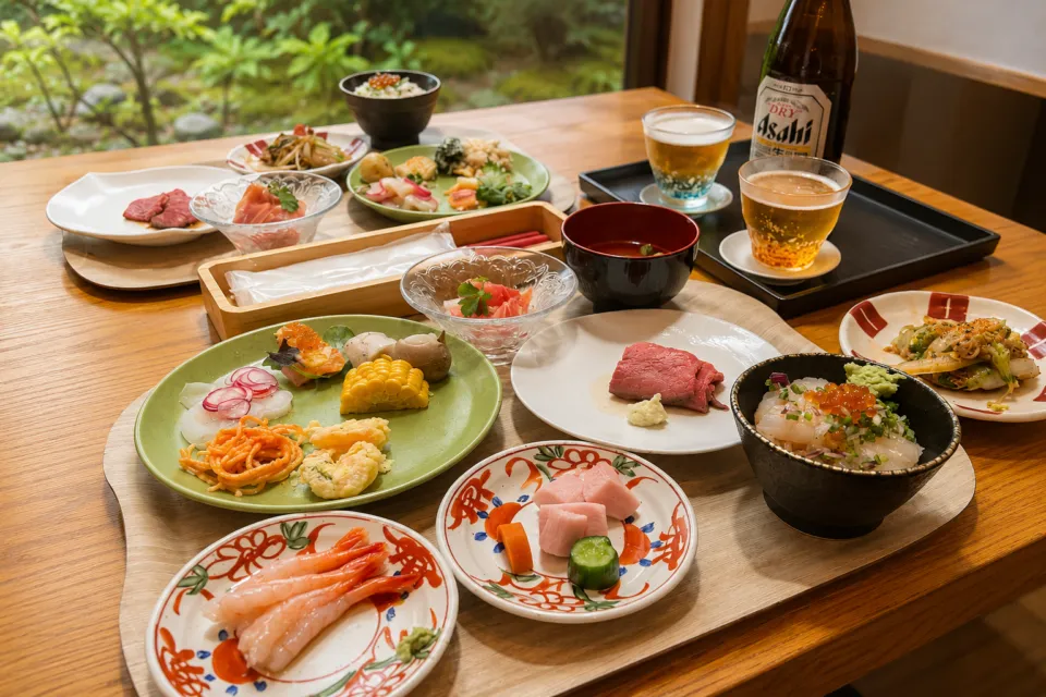 奥入瀬渓流ホテル by 星野リゾートの和洋の料理が並ぶ食事